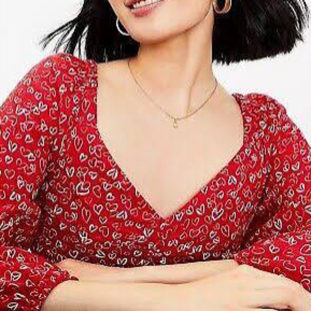 LOFT Red Top with White Heart Print - Picture 3 of 10